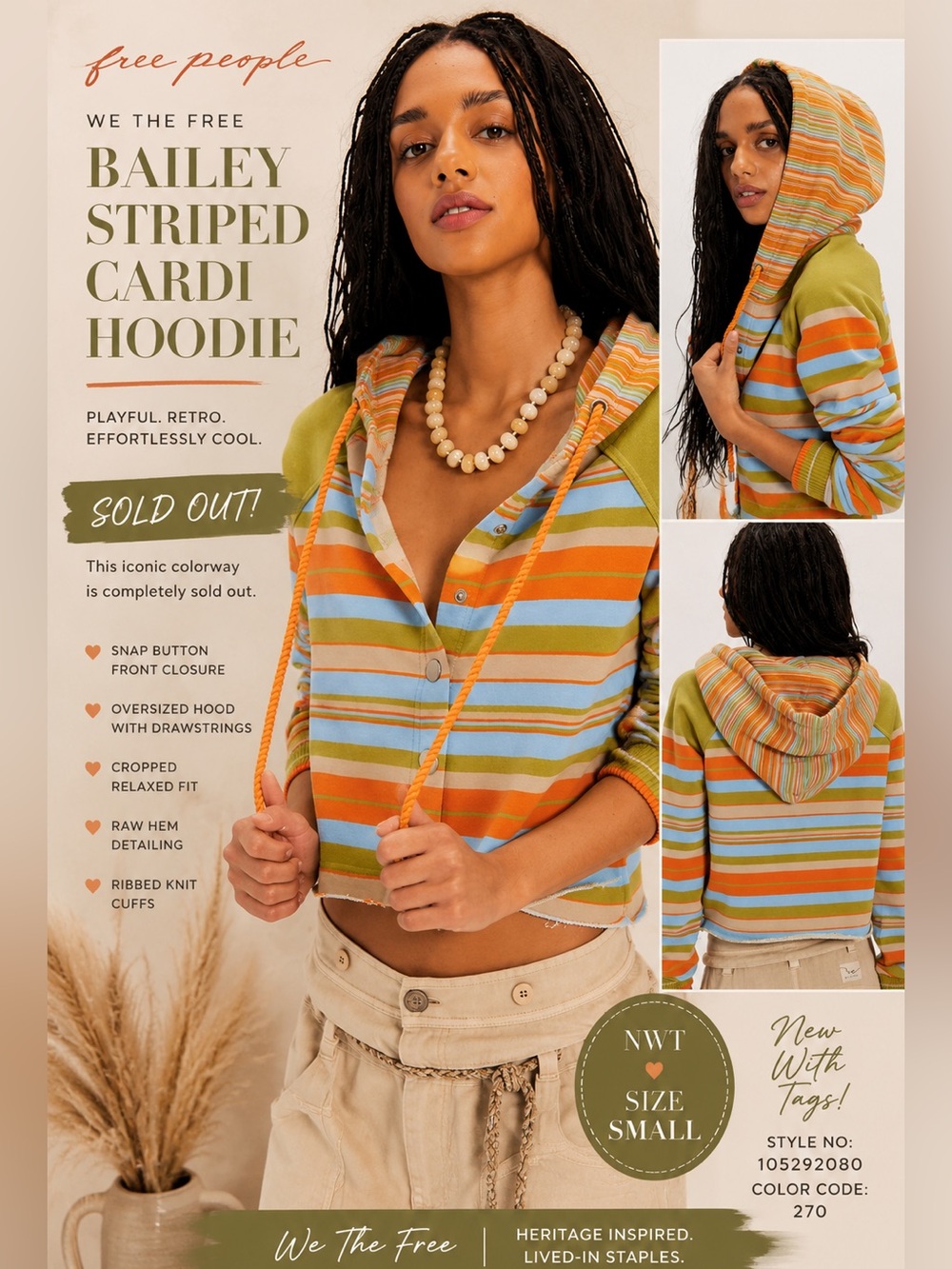 We The Free Bailey Striped Cardi Hoodie in Orange, Blue, Green